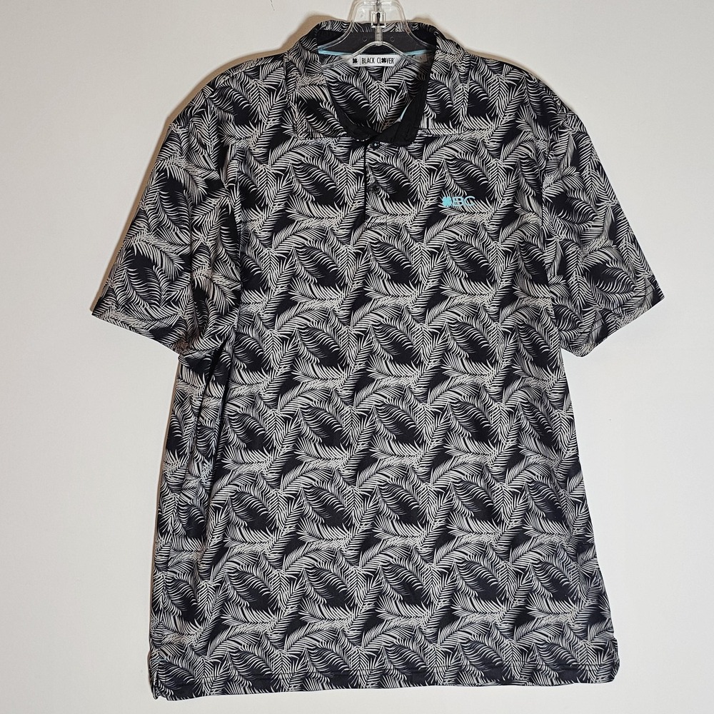 Black Clover Polo Shirt Mens Large Black‎ White Palm Leaf Print Golf Polyester L